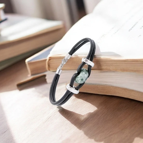Yeşil Jasper Doğal Taşlı Deri Ve Çelik Bileklik 31832B14D4 - Resim 6