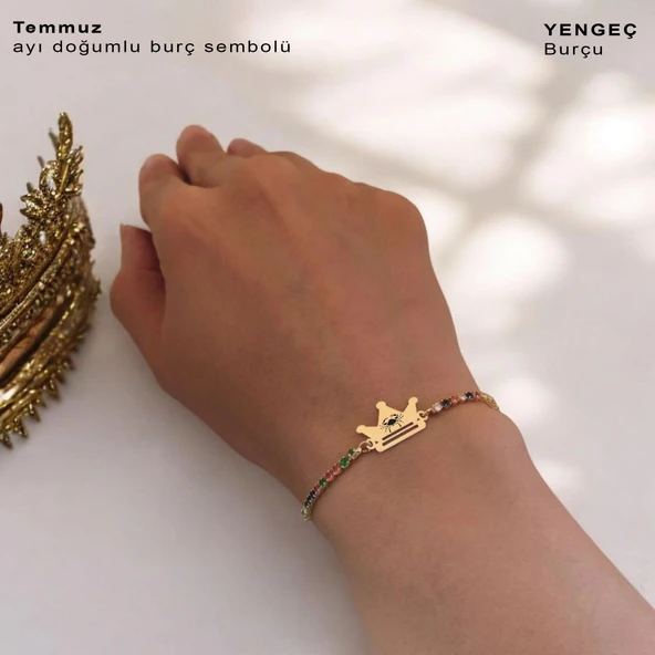 Burca Özel Taç Motifli Renkli Taş Desenli Zincirli 14 Ayar Altın Plakalı Hediye Bileklik-489 - Resim 2