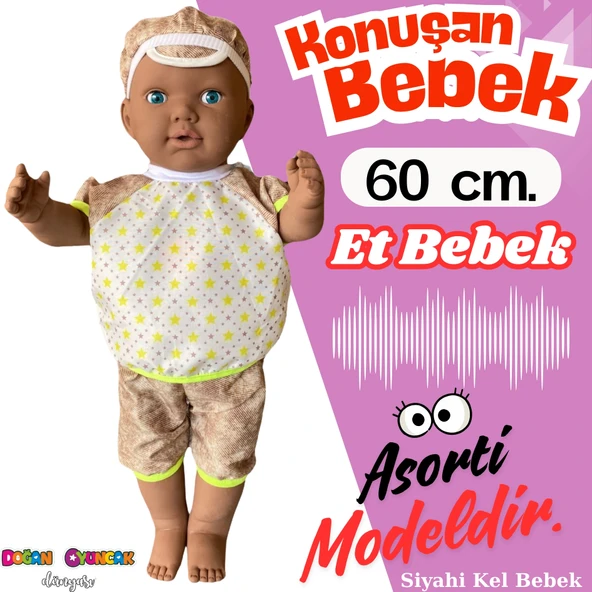 Oynar Gözlü Türkçe Konuşan Siyahi Berke Kel Et Bebek 60 Cm. - Konuşabilen Bebek - Kel Büyük Bebek ürün görseli