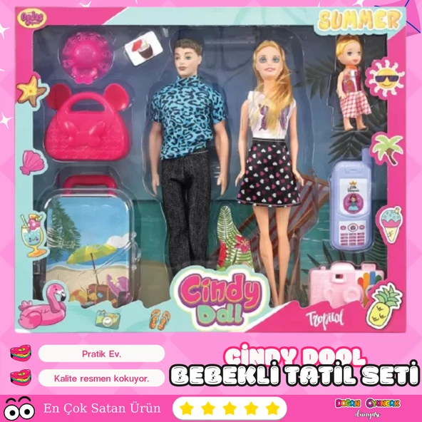 Cindy Doll Aile Tatil Seti - Aksesuarlı Bebek Seti - Oyuncak Tatil Seti - Gelin Damat Oyuncak Aile Oyuncak - 1