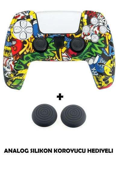 PS5 Dualsense Grafiti Temalı Koruyucu Silikon Kılıf + Analog silikon Koruyucu - Resim 9