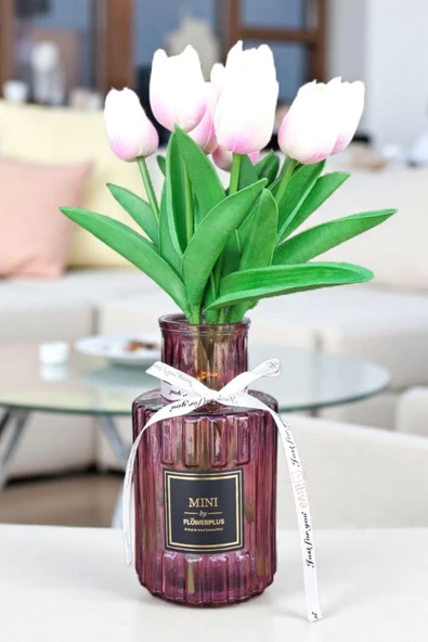 Bordo Cam Vazo-Ribben Tasarım Ve Flowerplus Etiketli,Beyaz Kurdeleli Dekoratif Tasarım,Masaüstü,Ofis, Aksesuar ürün görseli 1