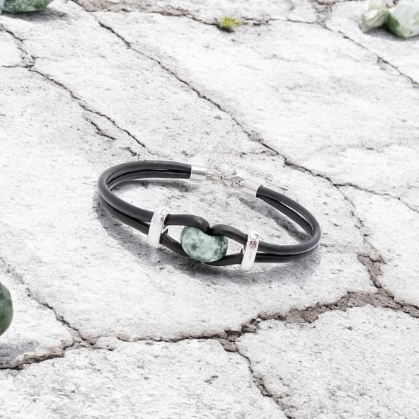 Yeşil Jasper Doğal Taşlı Deri Ve Çelik Bileklik 31832B14D4 - Resim 4