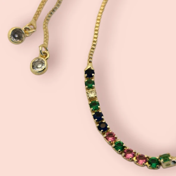 Burca Özel Taç Motifli Renkli Taş Desenli Zincirli 14 Ayar Altın Plakalı Hediye Bileklik-489 - Resim 5