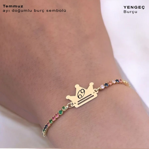 Doğum Ayına Özel Zincirli 14 Ayar Altın Plakalı Taç Motifli Renkli Taş Desenli Hediye Bileklik-489 - Resim 4