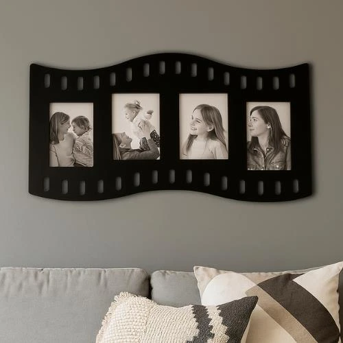 Duvar Fotoğraf Çerçevesi Film Rulo Desenli Fotoğraf Çerçeve Ahşap 4 Fotoğraf Kapasiteli Pano Siyah