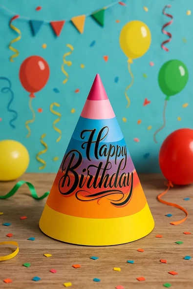 Happy Bırthday Baskılı Gökkuşağı Renkli Karton Şapka 20 cm ürün görseli 1