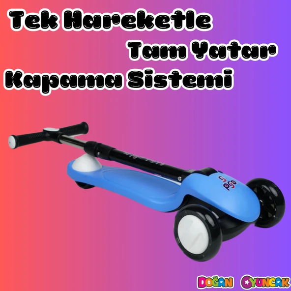 Lupa Katlanabilir Işıklı 3 Tekerlekli Mavi Scooter - Işıklı Scooter - Slikon Teker Scooter - Çocuk Scooter - İttir Git - 4