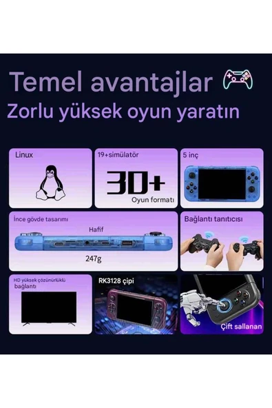RG50XX Retro Oyun Konsolu,5 İnç HD IPS Ekran,Çift Joystick,64GB Kart,Linux Sistem,HD TV Out Konsol - Resim 7