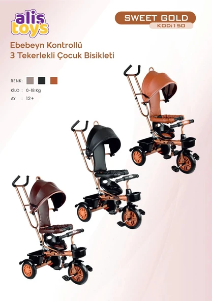 Sweet Gold Arkadan Tutacaklı Bisiklet Krem - Üç Tekerli İtmeli Bisiklet - Ebeveyn Kontröllü Bisiklet Bebek Bisikleti - 3
