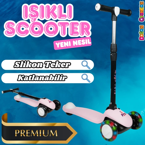 Lupa Katlanabilir Işıklı 3 Tekerlekli Pembe Scooter - Işıklı Scooter - Slikon Teker Scooter - Çocuk Scooter - İttir Git - 1