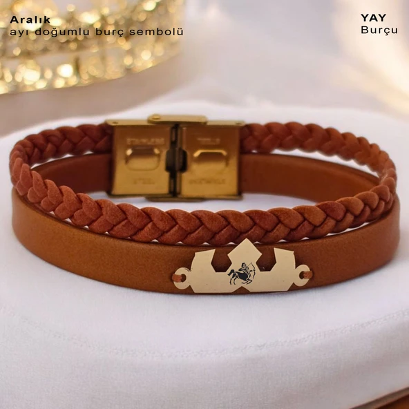 Burca Özel Taç Figürlü Hakiki Kahverengi Derili 14 Ayar Altın Plakalı Hediye Bileklik-491 ürün görseli