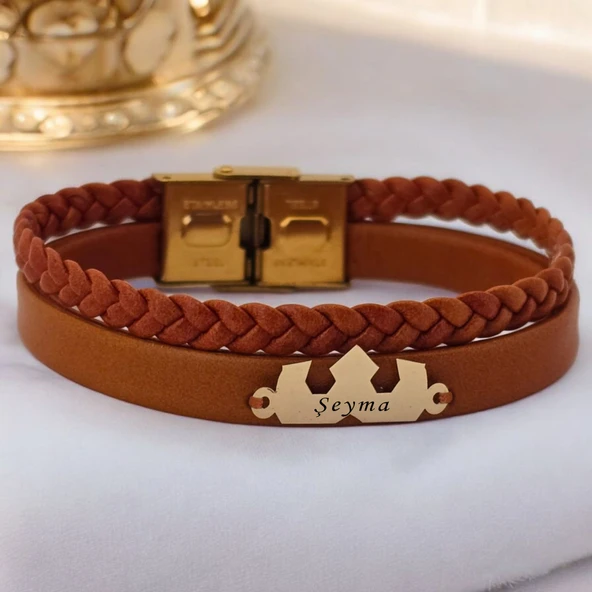 İsme Özel Taç Figürlü Hakiki Kahverengi Derili 14 Ayar Altın Plakalı Hediye Bileklik-491 ürün görseli