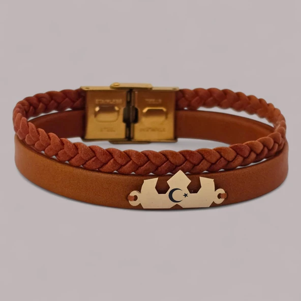 Sembole Özel Hakiki Kahverengi Derili 14 Ayar Altın Plakalı Taç Figürlü Hediye Bileklik-491 ürün görseli