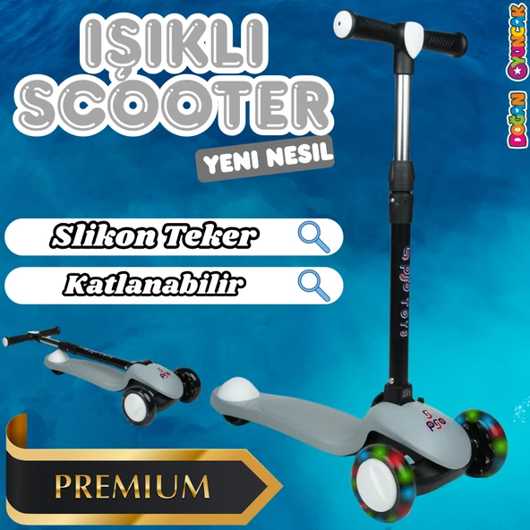 Lupa Katlanabilir Işıklı 3 Tekerlekli Gri Scooter - Işıklı Scooter - Slikon Teker Scooter - Çocuk Scooter - İttir Git - 1