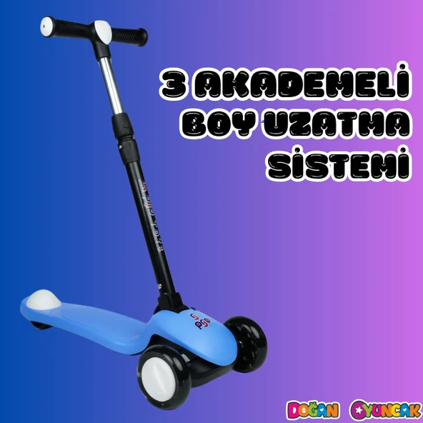 Lupa Katlanabilir Işıklı 3 Tekerlekli Mavi Scooter - Işıklı Scooter - Slikon Teker Scooter - Çocuk Scooter - İttir Git - 3