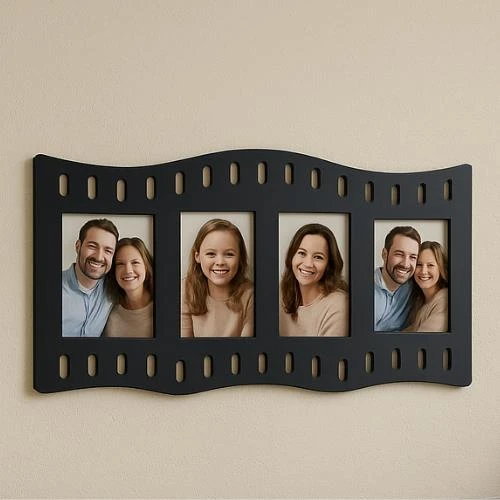 Duvar Fotoğraf Çerçevesi Film Rulo Desenli Fotoğraf Çerçeve Ahşap 4 Fotoğraf Kapasiteli Pano Siyah - 3