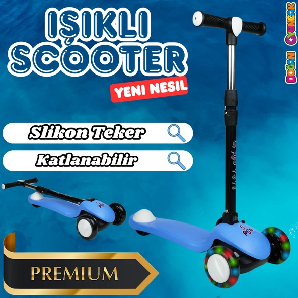 Lupa Katlanabilir Işıklı 3 Tekerlekli Mavi Scooter - Işıklı Scooter - Slikon Teker Scooter - Çocuk Scooter - İttir Git - 1