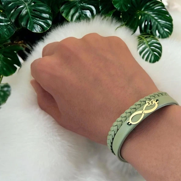 Harfe Özel 14 Ayar Altın Plakalı Sonsuzluk ve Kelebek Figürlü Doğal Yeşil Derili Hediye Bileklik-490 - Resim 3