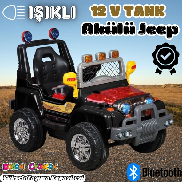 Işıklı Mega Akülü Araba Siyah - 12 Volt Tek Kişilik Akülü Araba Akülü JEEP - Mega Off Road Turbo Jeep ürün görseli