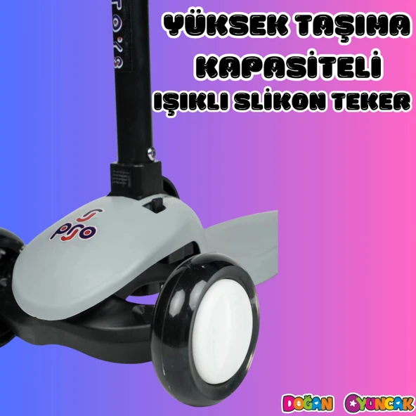 Lupa Katlanabilir Işıklı 3 Tekerlekli Gri Scooter - Işıklı Scooter - Slikon Teker Scooter - Çocuk Scooter - İttir Git - 2