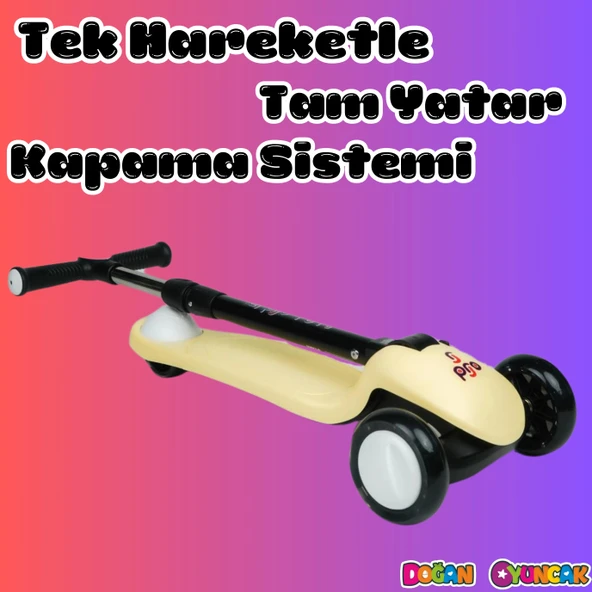 Lupa Katlanabilir Işıklı 3 Tekerlekli Sarı Scooter - Işıklı Scooter - Slikon Teker Scooter - Çocuk Scooter - İttir Git - 4