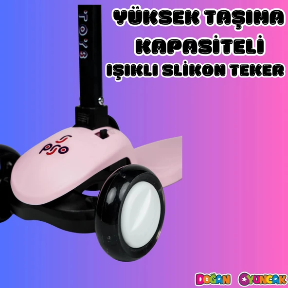 Lupa Katlanabilir Işıklı 3 Tekerlekli Pembe Scooter - Işıklı Scooter - Slikon Teker Scooter - Çocuk Scooter - İttir Git - 2