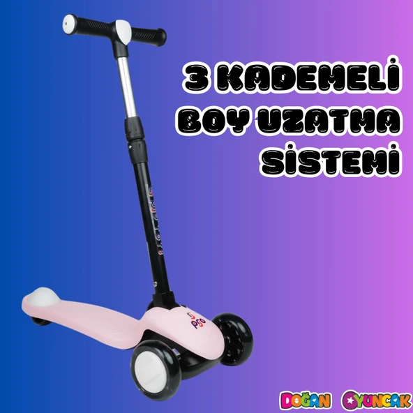 Lupa Katlanabilir Işıklı 3 Tekerlekli Pembe Scooter - Işıklı Scooter - Slikon Teker Scooter - Çocuk Scooter - İttir Git - 3