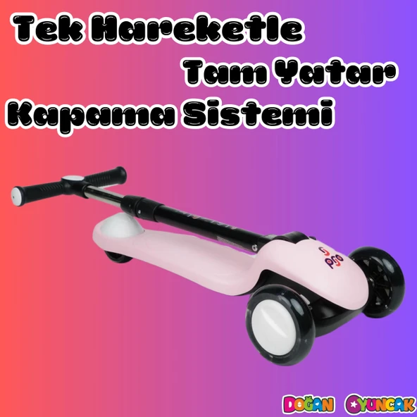 Lupa Katlanabilir Işıklı 3 Tekerlekli Pembe Scooter - Işıklı Scooter - Slikon Teker Scooter - Çocuk Scooter - İttir Git - 4