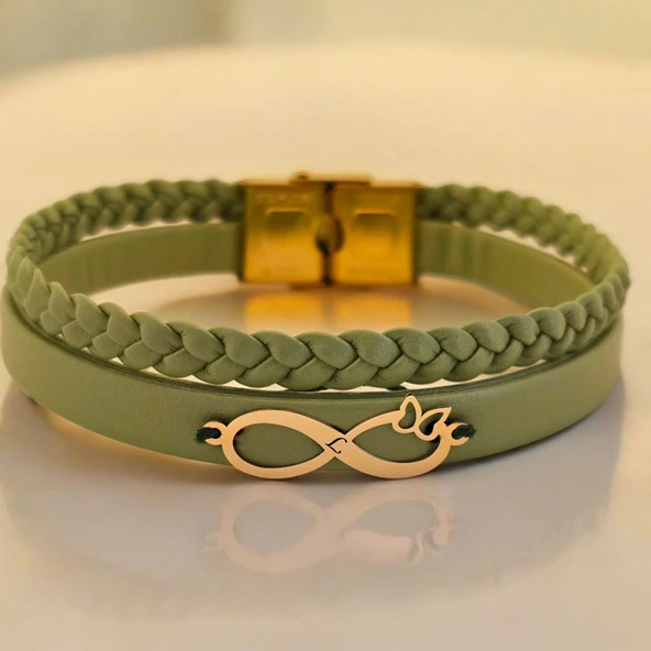 Harfe Özel 14 Ayar Altın Plakalı Sonsuzluk ve Kelebek Figürlü Doğal Yeşil Derili Hediye Bileklik-490 ürün görseli