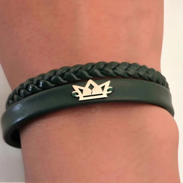 Harfe Özel 14 Ayar Altın Plakalı Taç Motifli Koyu Yeşil Derili Hediye Bileklik-494 - Resim 3