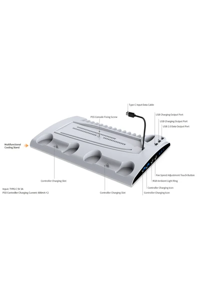 TP5-3570 Multi Fonksiyonel PS5 Slim/ PS5 Dijital RGB Işıklı Soğutma ve Şarj İstasyonu - Resim 6