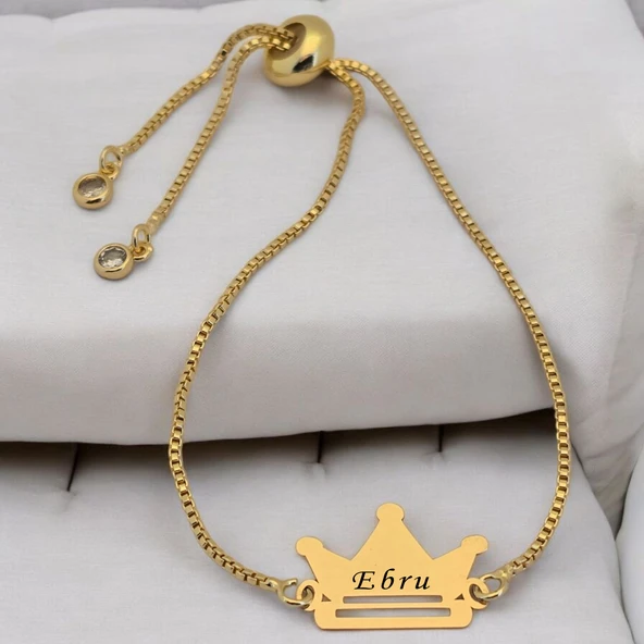 İsme Özel Taç Motifli Altın Renkli Zincirli 14 Ayar Altın Plakalı Hediye Bileklik-492 ürün görseli