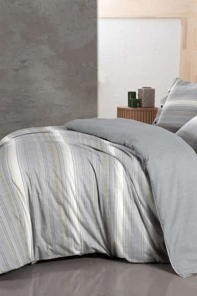 Greta Gri Çift Kişilik %100 Pamuk Poplin Çift Taraflı Nevresim Takımı - 4