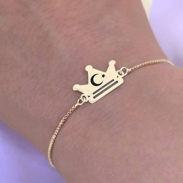 Sembole Özel Altın Renkli Zincirli 14 Ayar Altın Plakalı Taç Motifli Hediye Bileklik-492 - Resim 4