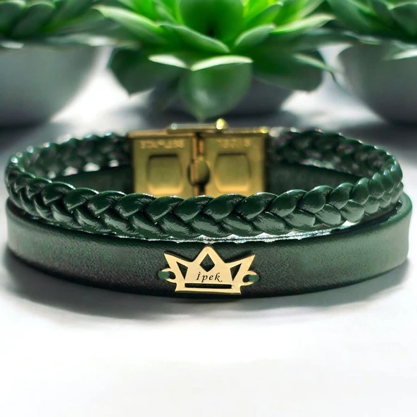 İsme Özel Taç Motifli Koyu Yeşil Derili 14 Ayar Altın Plakalı Hediye Bileklik-494 ürün görseli