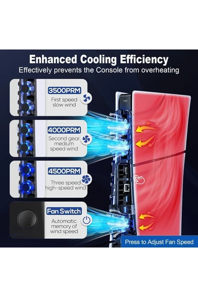 TP5-3538 PS5 Slim İçin Led Işıklı Kademeli Güçlü Soğutma Fanı - Resim 12