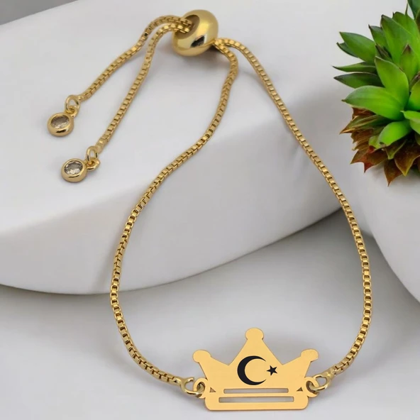 Sembole Özel Altın Renkli Zincirli 14 Ayar Altın Plakalı Taç Motifli Hediye Bileklik-492 ürün görseli