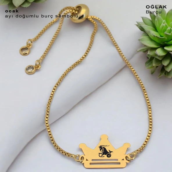 Burca Özel Taç Motifli Altın Renkli Zincirli 14 Ayar Altın Plakalı Hediye Bileklik-492 ürün görseli