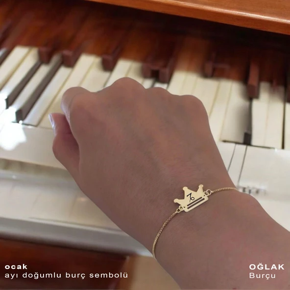 Doğum Ayına Özel 14 Ayar Altın Plakalı Taç Motifli Altın Renkli Zincirli Hediye Bileklik-492 - Resim 2