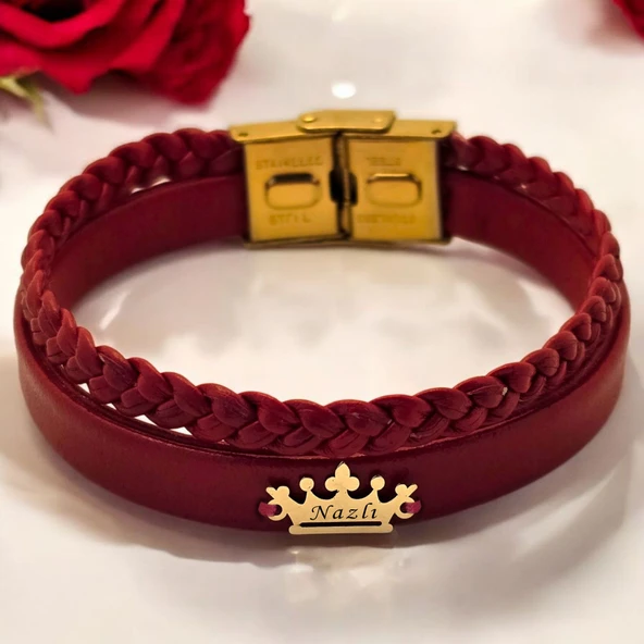 İsme Özel Taç Figürlü Doğal Bordo Derili 14 Ayar Altın Plakalı Hediye Bileklik-493 ürün görseli