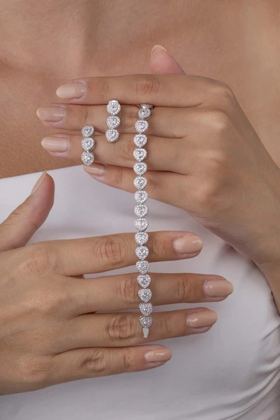 Gümüş Pazarım Özel Tasarım Kalp Su Yolu 925 Ayar Gümüş Bileklik Küpe Kombini - 2