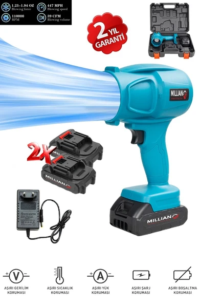 Mavi Çift Akülü Turbo Hava Üfleme - Şarjlı Jet Turbo Fan Yaprak Toz Su Kar Temizleme Üfleme Makinesi