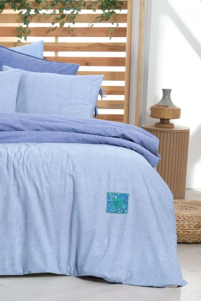 Montes Mavi Çift Kişilik %100 Pamuk Fancy Poplin Nevresim Takımı - Resim 4
