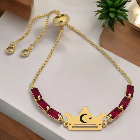 Sembole Özel Kırmızı Taş Desenli Zincirli 14 Ayar Altın Plakalı Taç Figürlü Hediye Bileklik-496 ürün görseli