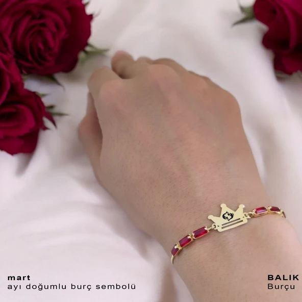 Burca Özel Taç Figürlü Kırmızı Taş Desenli Zincirli 14 Ayar Altın Plakalı Hediye Bileklik-496 - Resim 2
