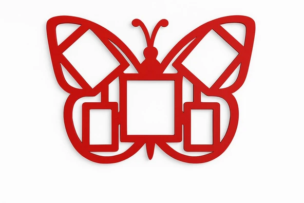 Duvar Fotoğraf Çerçevesi Kelebek Desenli Çocuk Odası Fotoğraf Çerçeve Ahşap 5 Fotoğraf Kapasiteli Pano Kırmızı - 2