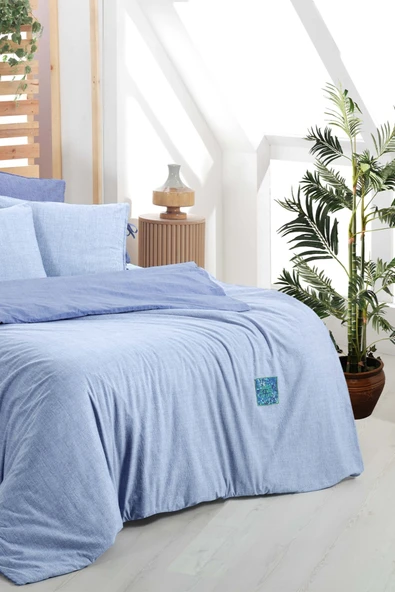 Montes Mavi Çift Kişilik %100 Pamuk Fancy Poplin Nevresim Takımı - Resim 2