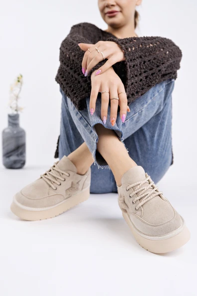Muggo KOZMOS Kalın Taban Bağcıklı Yıldız Detaylı Kadın Kışlık Sneaker Spor Ayakkabı - 7