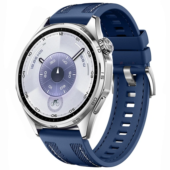 Sneezy Huawei Watch GT6 46mm ile Uyumlu Metal Tokalı Dikiş Detaylı Şık Dokuma Silikon Kordon  Lacivert ürün görseli